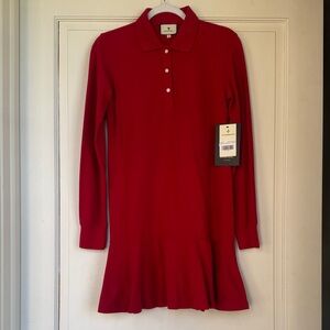 NEW With Tag Red Long Sleeve Cotton Polo Dress with Hem Detail